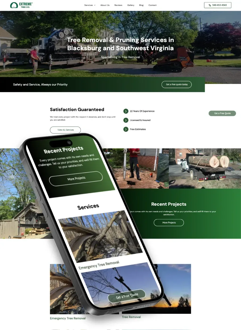 The Extreme Tree Company website on desktop and phone: Tree Removal and Pruning Services in Blacksburg and Southwest Virginia